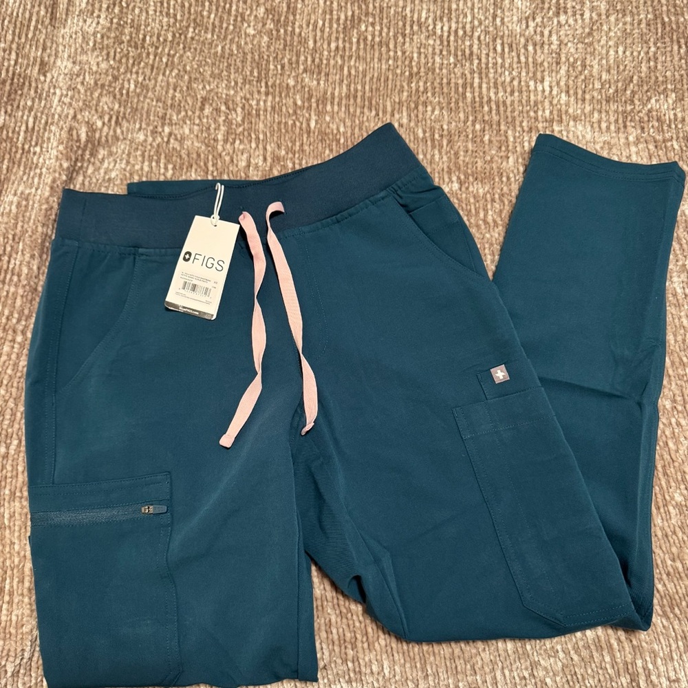Figs Deep Blue Scrub Pants with Light Pink Drawstring